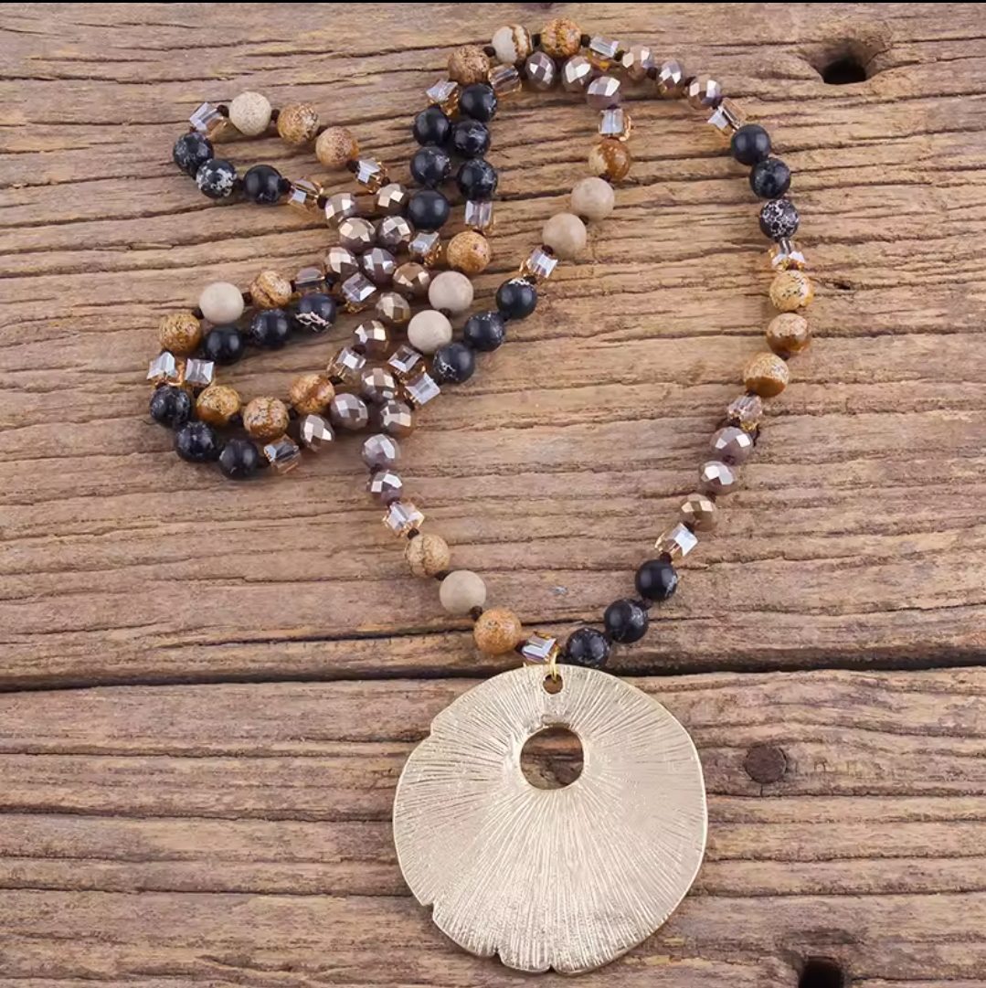 Boho lange edelsteen ketting - kralen Picture Jaspis en Agaat - ronde metalen hanger