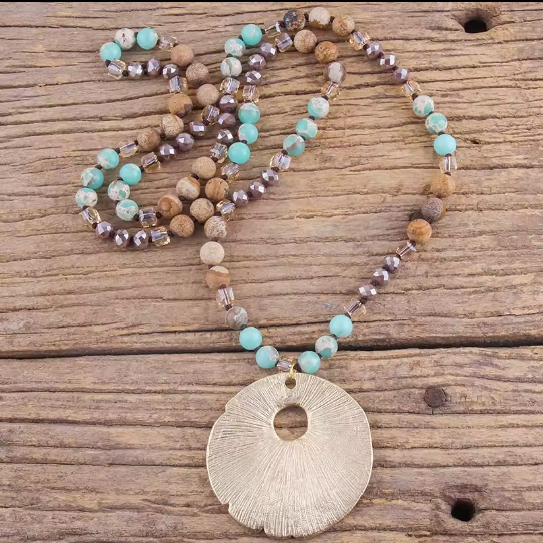 Boho lange edelsteen ketting - kralen Picture Jaspis en Zee fragmenten - ronde metalen hanger