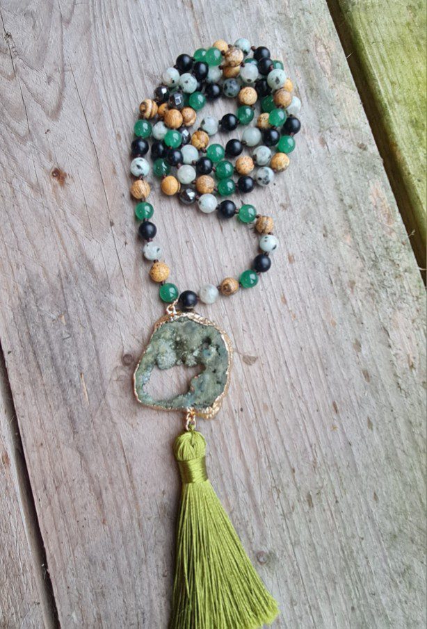 Boho edelsteen lange ketting - kralen ketting  Groen kleur - jade - zebra jaspis - 8mm kralen