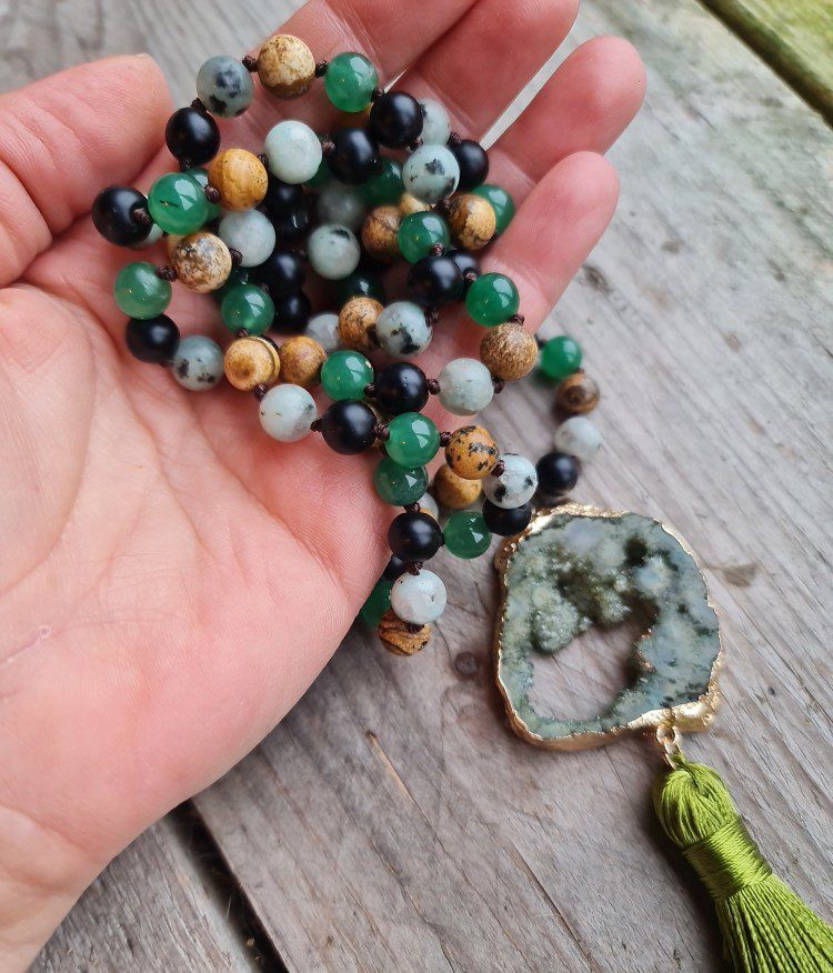 Boho lange edelsteen ketting - kralen Picture Jaspis en Flouride - GROEN rond hanger - Afbeelding 2