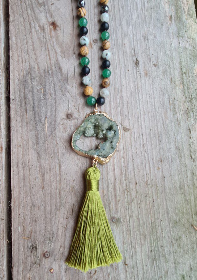 Boho lange edelsteen ketting - kralen Picture Jaspis en Flouride - GROEN rond hanger - Afbeelding 3