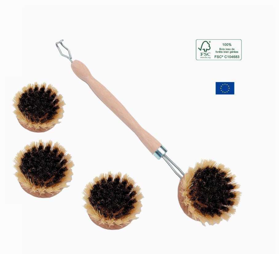 Ecologische was borstel met messing en vezel - pannen borstel - verwisselbaar met 4 koppen