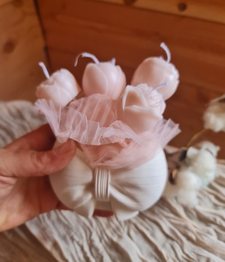 Handgemaakte mini soja kaarsen bouquet - 6 bloemen en een kleien gips vaasje - elegante geur - ecologische wax 7st - Afbeelding 3