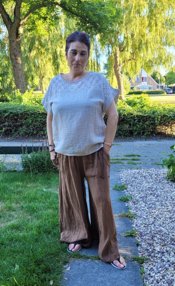Linnen lange broek met zijzakken en brede pijpen, BRUIN, Maat M/L - Afbeelding 2