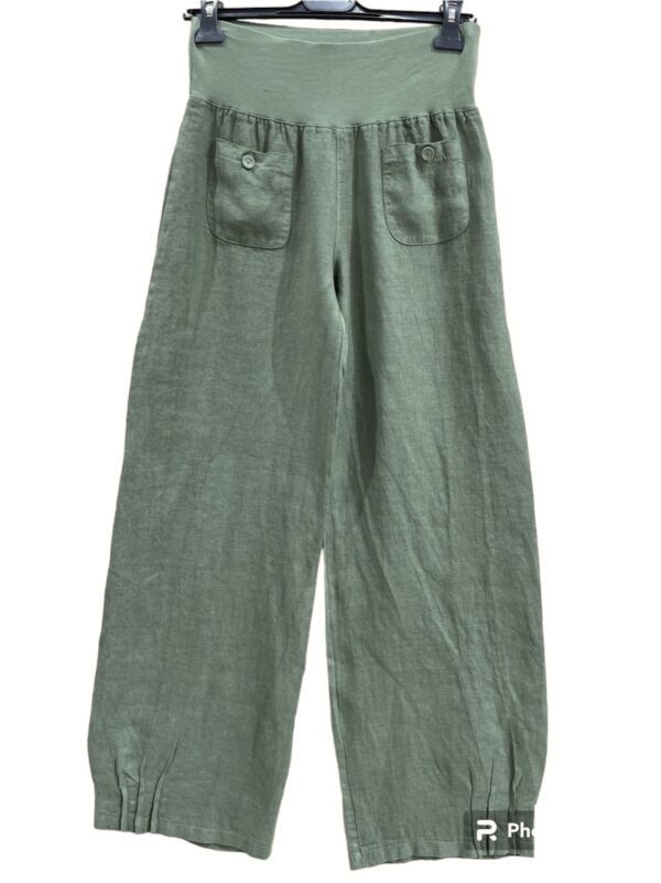 Linnen broek met brede elastische talie - steekzakjes - rechte pijpen - kleur MILITAIR GROEN - maat 40/42