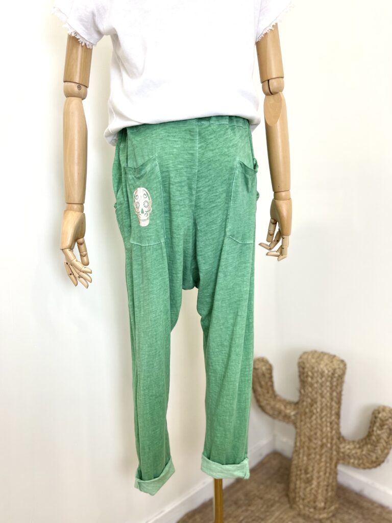 Katoenen baggy broek - hammam model - lage kruis - met handige zakken kleur GROEN - maat 42