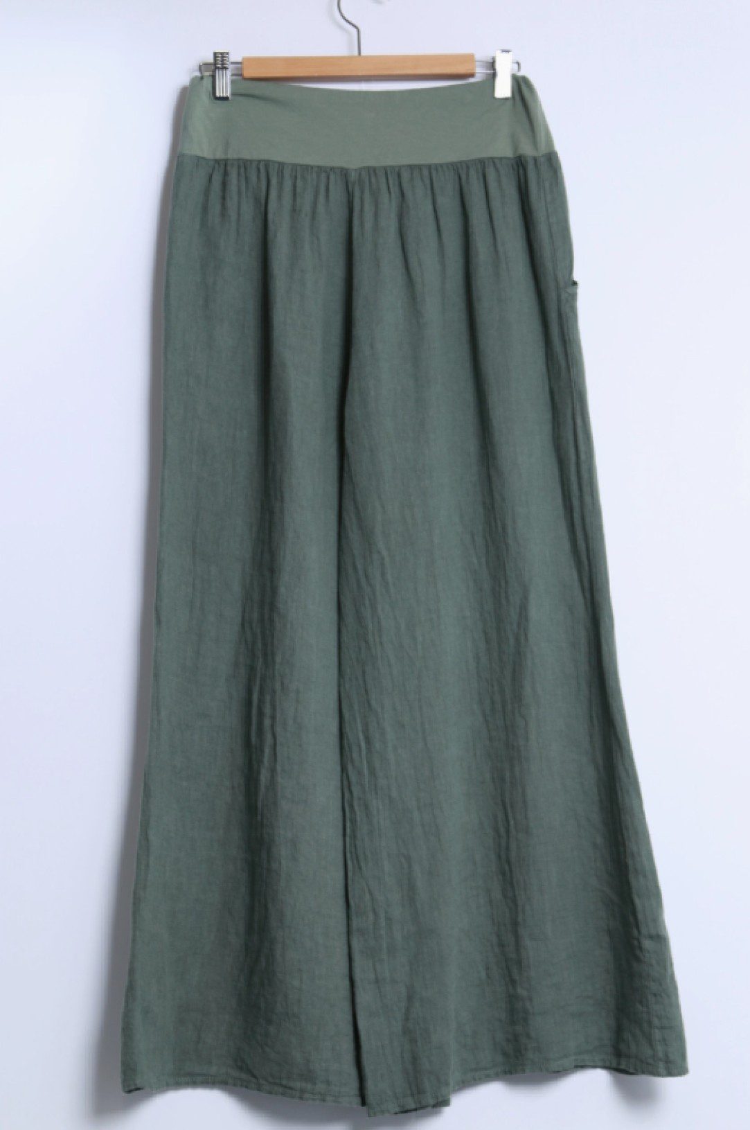 100% linnen Wijde vloeiende broek met hoge taille en zijzakken MILITAIR GROEN - maat M/L - Afbeelding 3