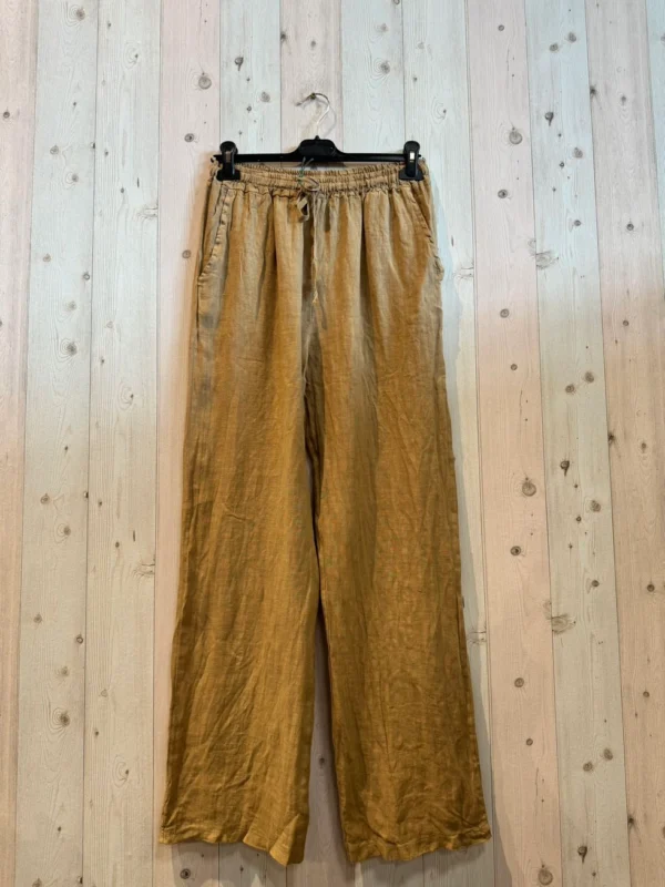 100% luchtige Linnen broek met zijzakken - elastische talieband en trekkoord kleur CAMEL - maat 40-42