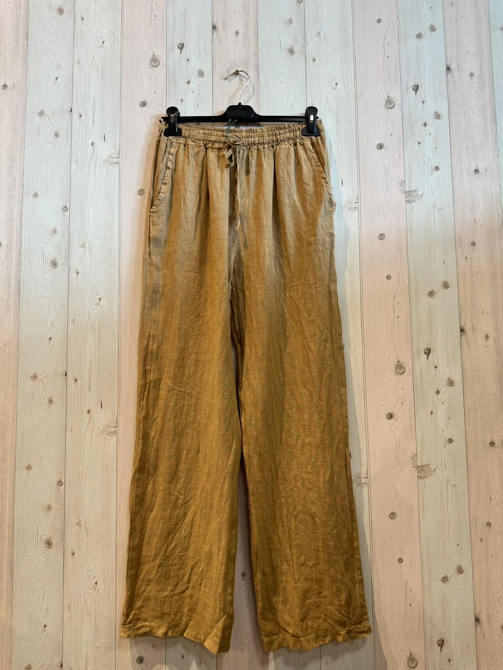 100% luchtige Linnen broek met zijzakken - elastische talieband en trekkoord kleur CAMEL - maat 40-42