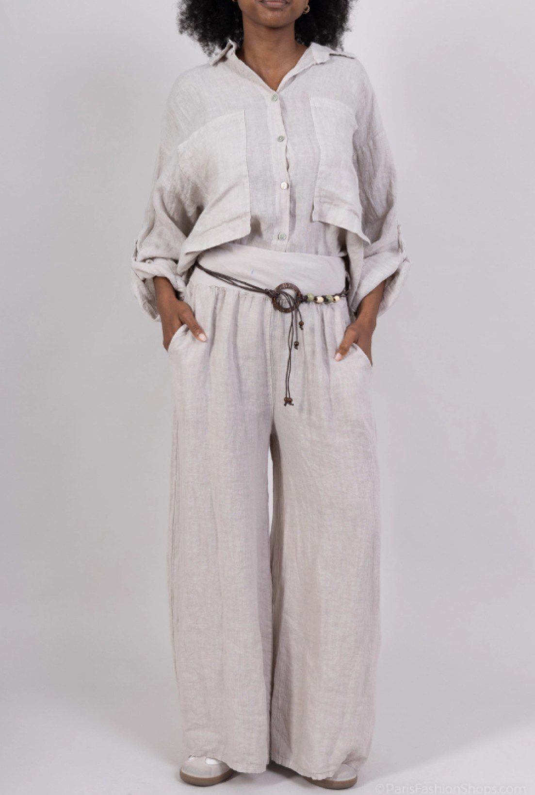 Linnen lange broek - Beige kleur met zijzakken en ceintuur Maat M/L - Afbeelding 4