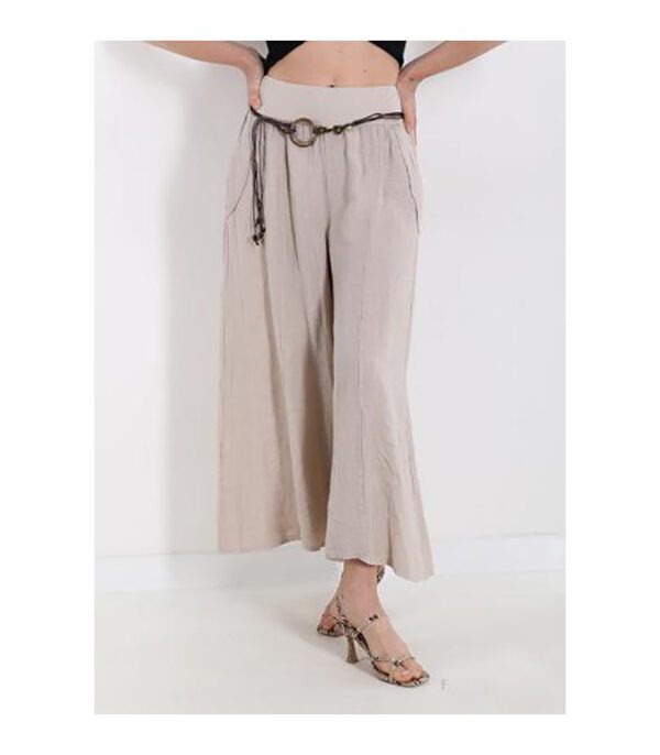 Linnen lange broek, Beige kleur, zijzakken en ceintuur, Maat M/L