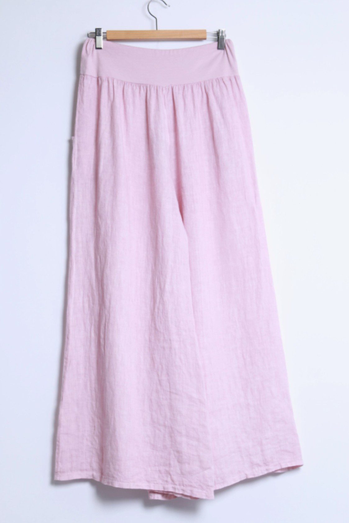 100% linnen Wijde vloeiende broek met hoge taille en zijzakken ROZE - maat M/L - Afbeelding 3