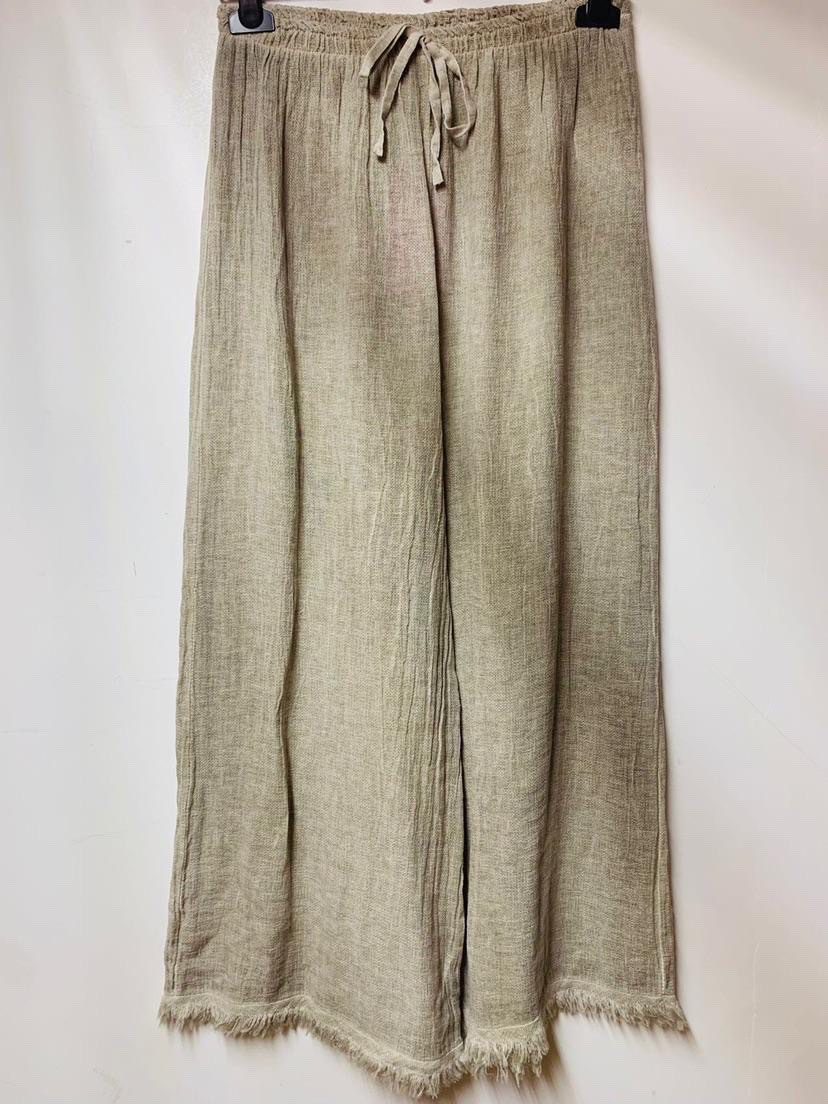Linnen mix broek met prachtige textuur - luchtig lange boho broek, BEIGE/TAUPE kleur - Maat 38/40