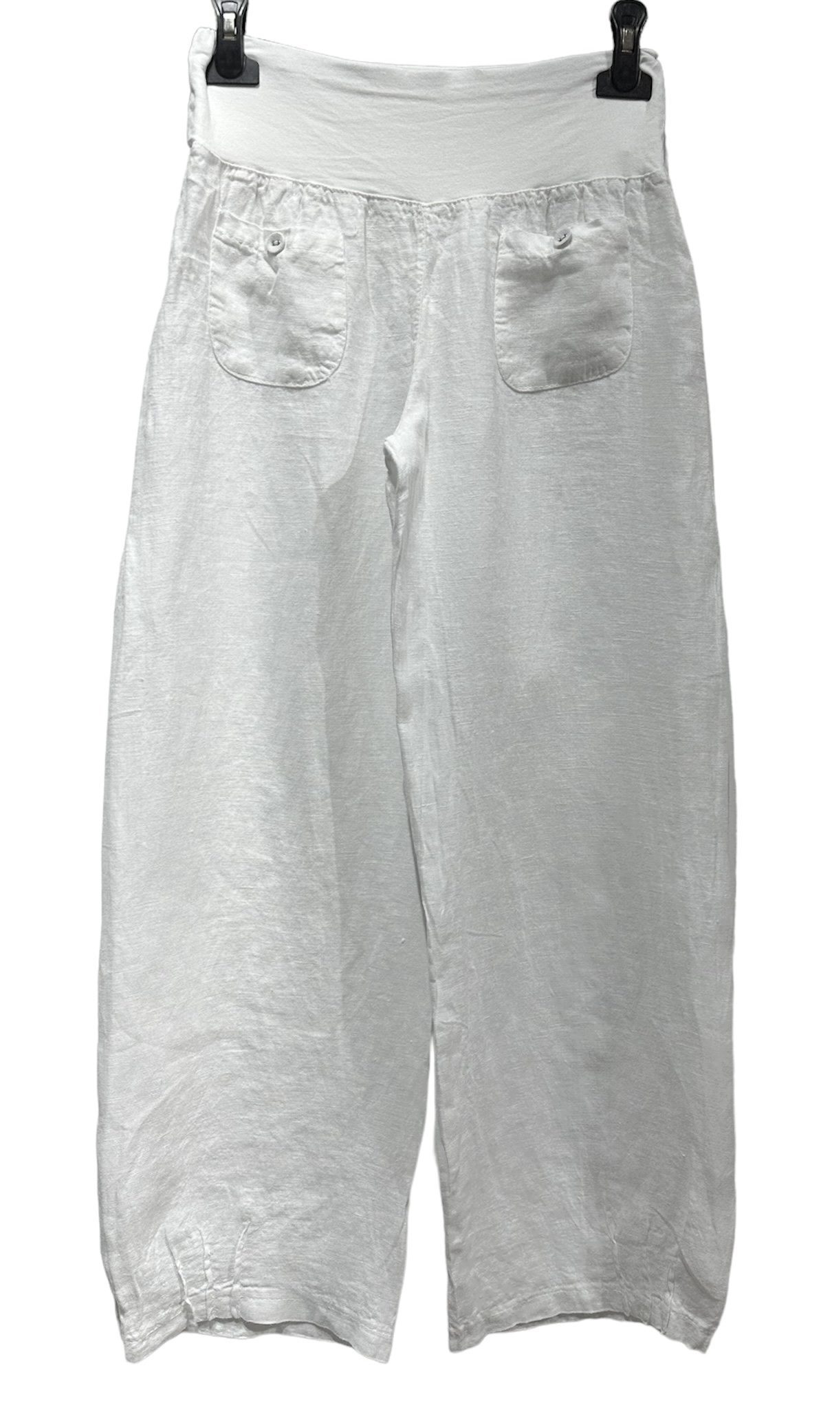 Linnen broek met brede elastische talie – steekzakjes – rechte pijpen – kleur WIT – maat 40/42