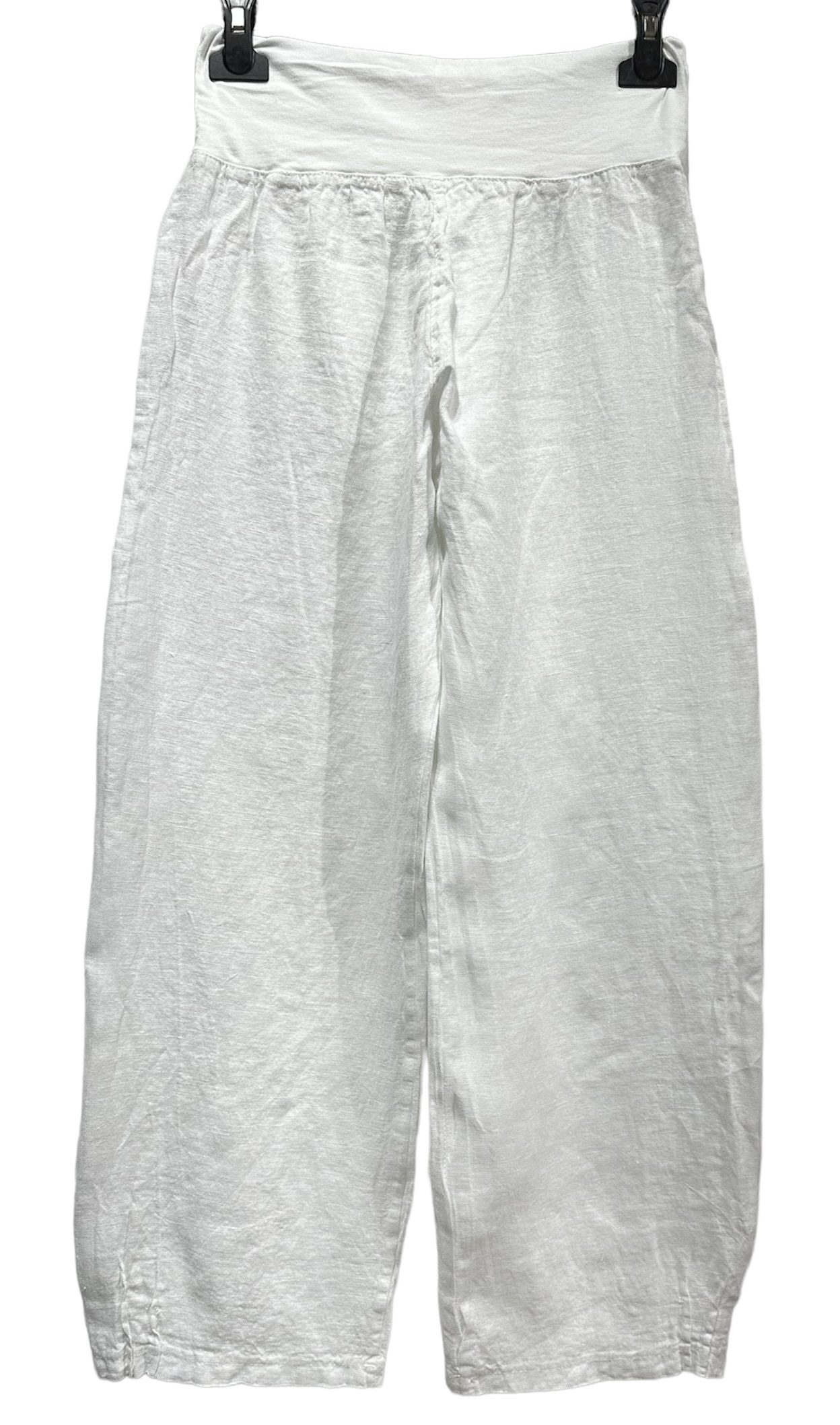 Linnen broek met brede elastische talie – steekzakjes – rechte pijpen – kleur WIT – maat 40/42