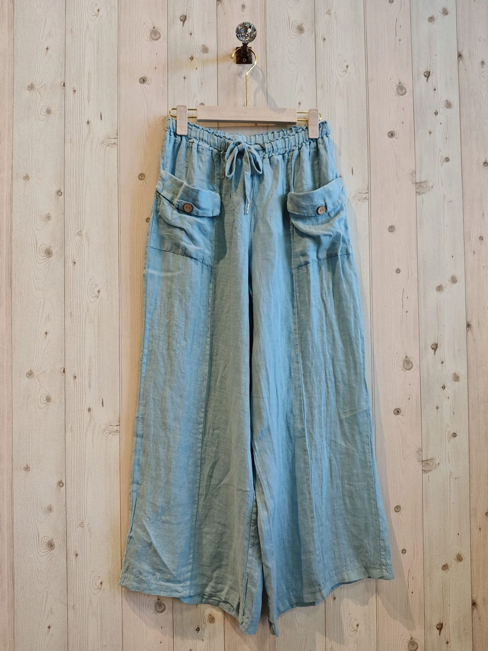 Boho Linnen broek met brede pijpen - steek zakken met een knop - zijzakken - kleur HEMELS BLAUW- maat 42