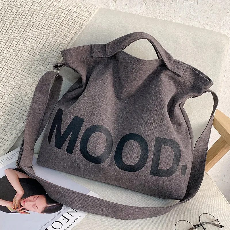 Canvas schouder tas met tekst - katoen tas - Kaki kleur - ritssluiting - brede schouderband