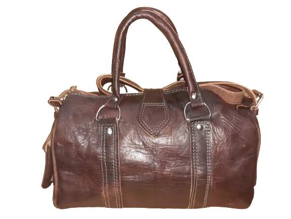 Handgemaakte cilindrische runden leer tas - midden groot - ritssluiting - zijkant zaken - handvatten BRUIN kleur - Afbeelding 2