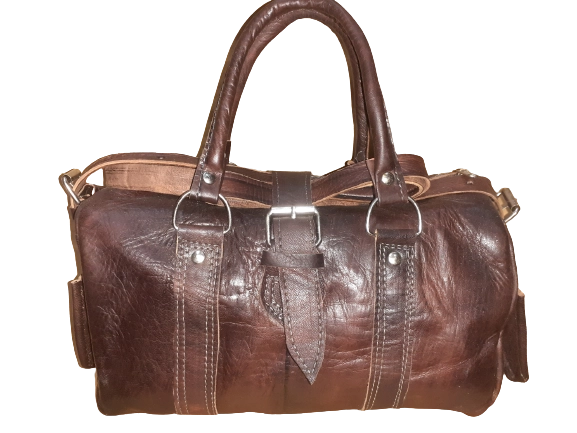 Handgemaakte cilindrische runden leer tas - midden groot - ritssluiting - zijkant zaken - handvatten BRUIN kleur - Afbeelding 6