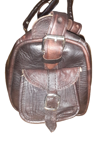 Handgemaakte cilindrische runden leer tas - midden groot - ritssluiting - zijkant zaken - handvatten BRUIN kleur - Afbeelding 7