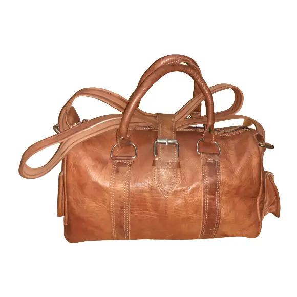 Handgemaakte cilindrische runden leer tas - midden groot - ritssluiting - zijkant zaken - handvatten BRUIN kleur