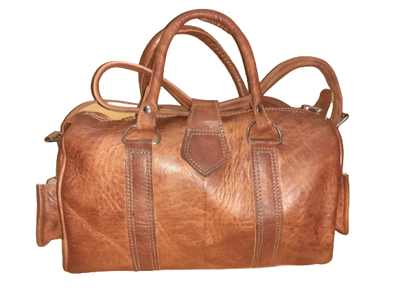 Handgemaakte cilindrische runden leer tas - midden groot - ritssluiting - zijkant zaken - handvatten BRUIN kleur - Afbeelding 3