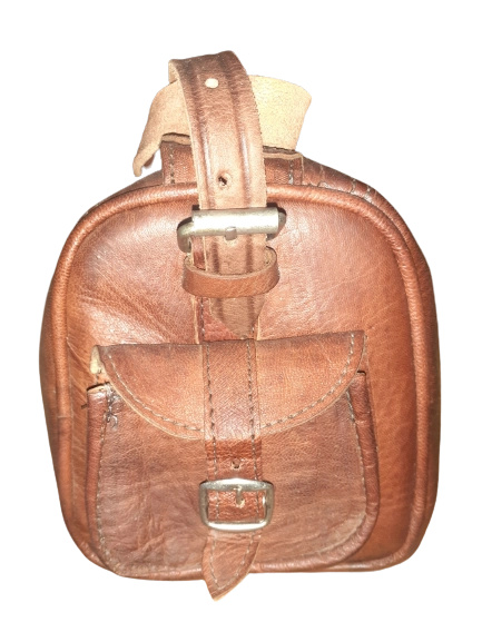 Handgemaakte cilindrische runden leer tas - midden groot - ritssluiting - zijkant zaken - handvatten BRUIN kleur - Afbeelding 5