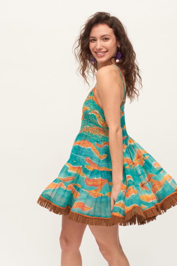 Boho zijde tuniek jurk in leuke groen en oranje kleur - doorzichtig - franjes pailletten - maat 36/38 - Afbeelding 2
