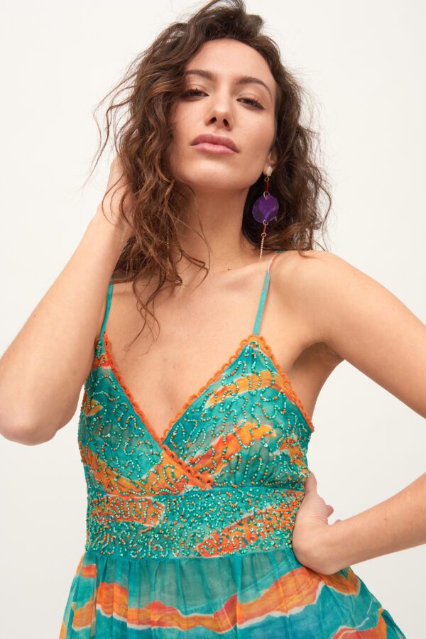 Boho zijde tuniek jurk in leuke groen en oranje kleur - doorzichtig - franjes pailletten - maat 36/38 - Afbeelding 4
