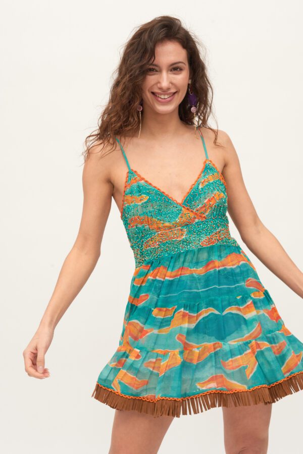 Boho zijde tuniek jurk in leuke groen en oranje kleur - doorzichtig - franjes pailletten - maat 36/38 - Afbeelding 3