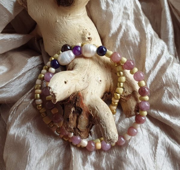 Handgemaakte edelsteen armband, set van 2 armbanden, echte zoetwater parel, amethist en rodoniet kralen 2st - Afbeelding 4