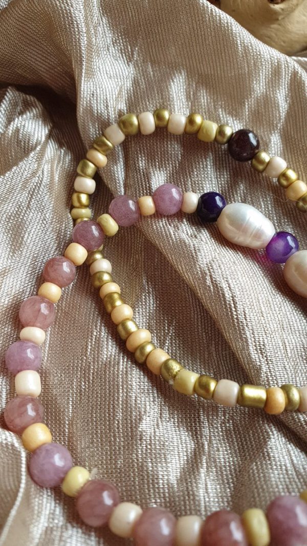 Handgemaakte edelsteen armband, set van 2 armbanden, echte zoetwater parel, amethist en rodoniet kralen 2st - Afbeelding 3
