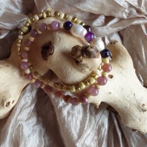 Handgemaakte edelsteen armband, set van 2 armbanden, echte zoetwater parel, amethist en rodoniet kralen 2st