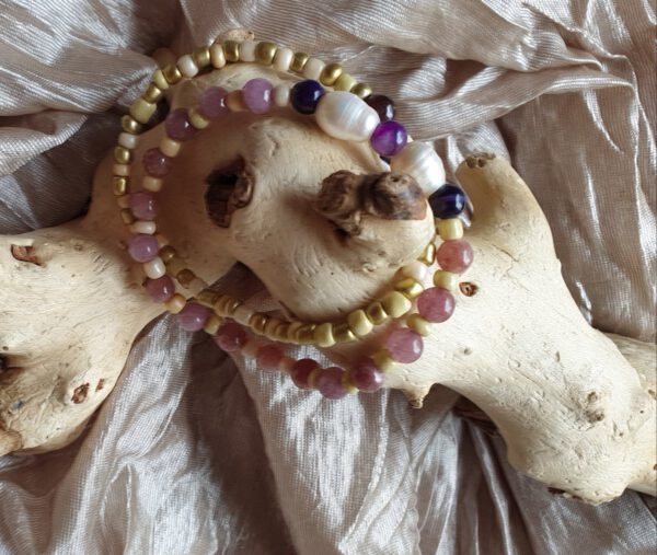 Handgemaakte edelsteen armband, set van 2 armbanden, echte zoetwater parel, amethist en rodoniet kralen 2st - Afbeelding 2