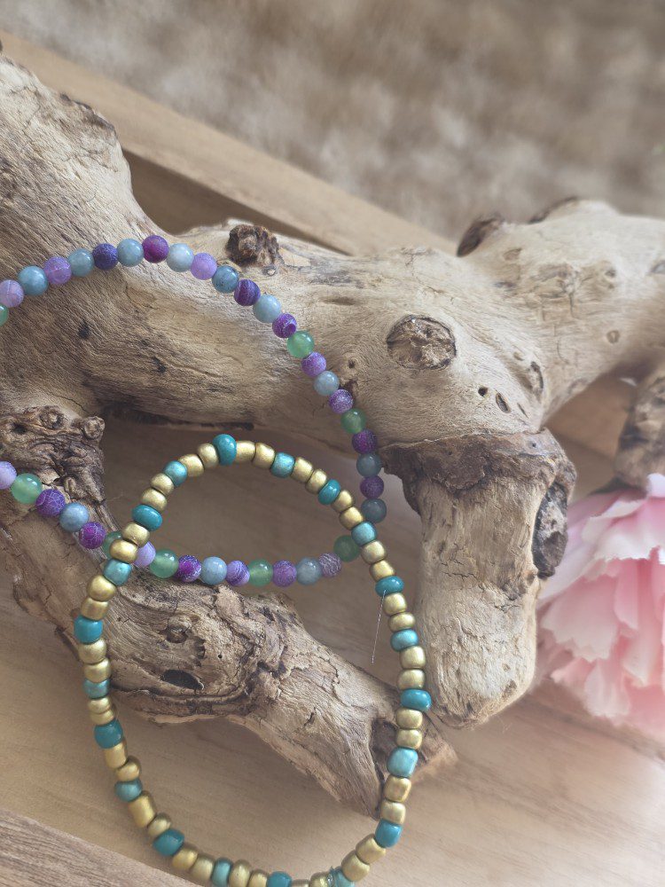 Handgemaakte dubbele edelsteen en Rocailles - paars en groen tinten Jade en Amethist