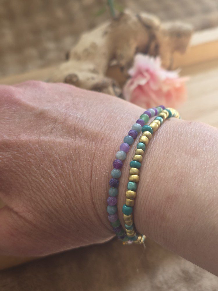 Handgemaakte dubbele edelsteen en Rocailles - paars en groen tinten Jade en Amethist