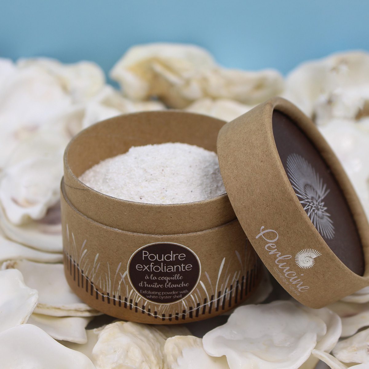 Luxurieuze biologische Exfoliërende body scrub poeder met witte oesterschelp en zeezout - vernieuwd de huid 60gr