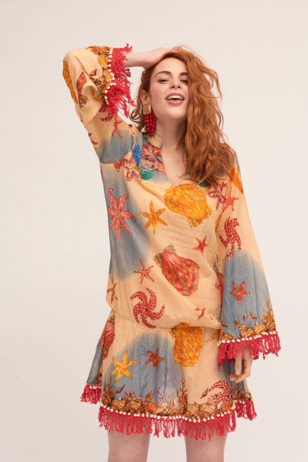 Katoenen zomer tuniek in ROOS met franjes en lage talie Maat S/M
