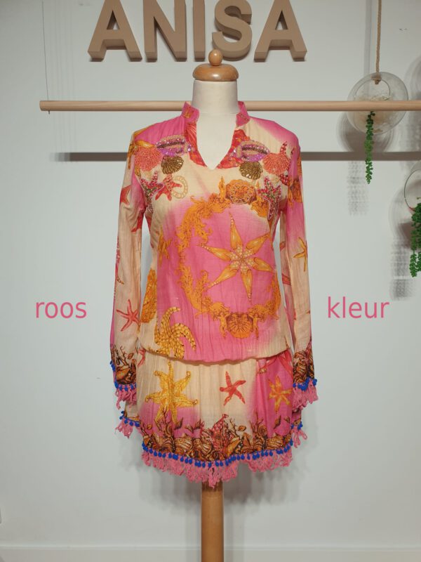 Katoenen zomer tuniek in ROOS met franjes en lage talie Maat S/M - Afbeelding 2