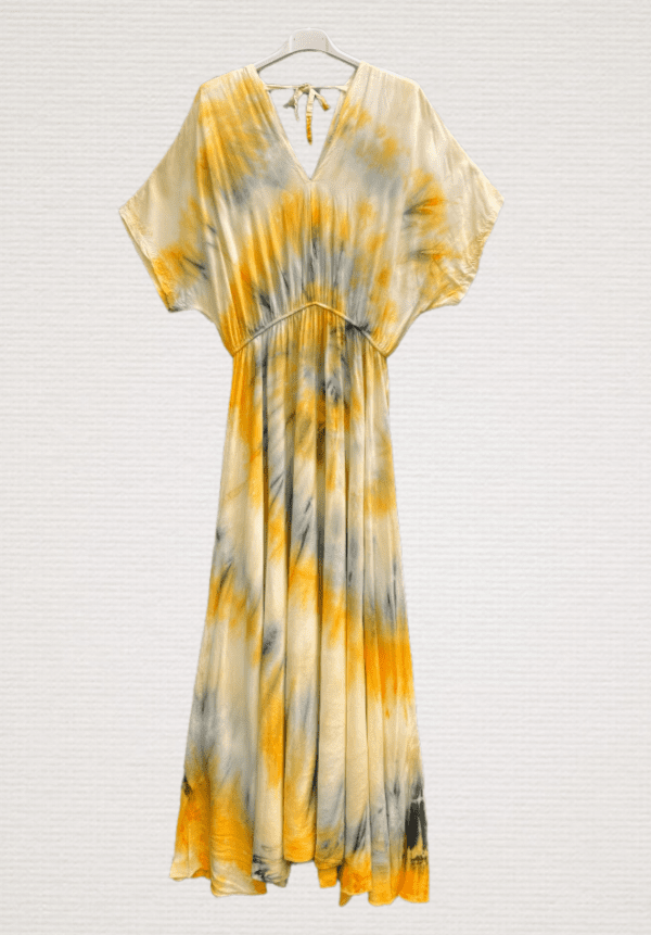Balinese boho zomer maxi jurk in GEEL kleur met hoge talie, open rug maat 38-42