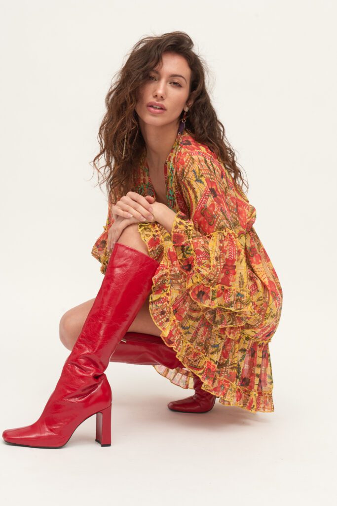 Boho luchtige jurk tuniek met elastische talie van zijde, sierwerk 7/8 mauwen Maat 36-38