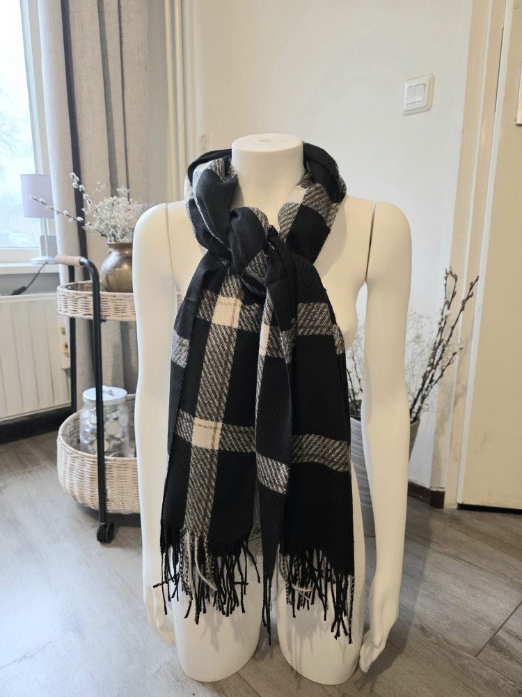 Zachte sjaal geruite scarf ZWART herfst - winter - wol en viscose - geschikt voor dames en heren 1st