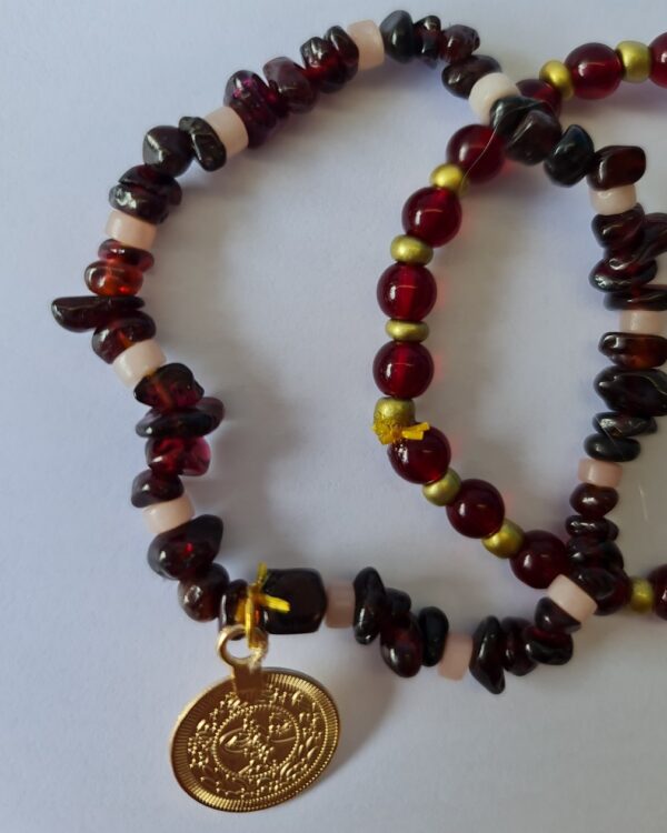 Handgemaakte dubbele edelsteen armband van rode Granaat - Rozenkwart - ruwe steen van Citrien 2st - Afbeelding 3