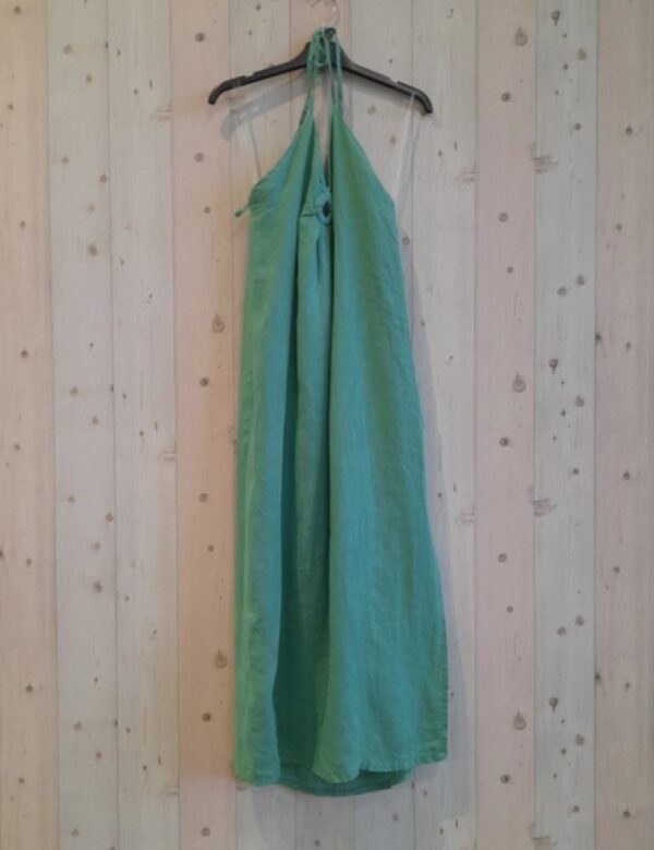 Maxi linnen GROEN jurk - mouwloos met zonder bandjes - halter - knop - maat 38/40