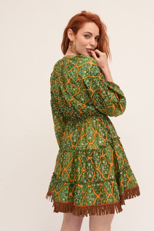 Boho en vintage katoenen jurk tuniek in GROEN met elastische talie handwerk en franjes maat S/M - Afbeelding 4