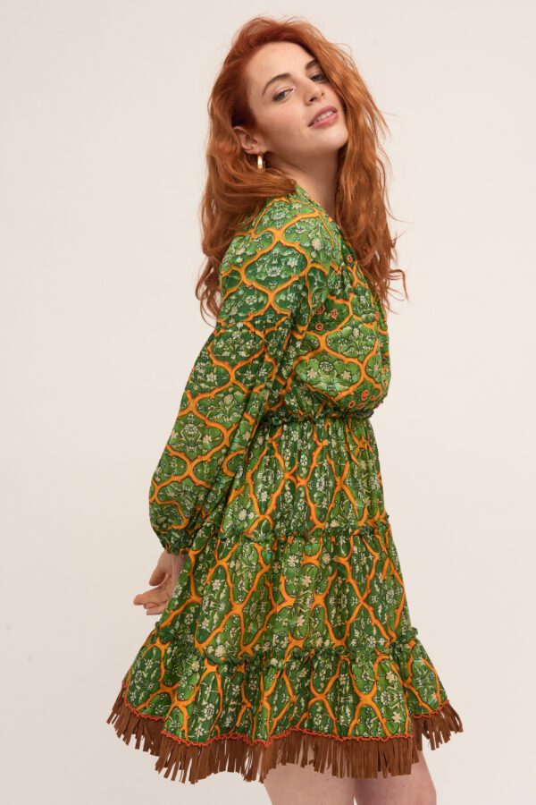 Boho en vintage katoenen jurk tuniek in GROEN met elastische talie handwerk en franjes maat S/M - Afbeelding 3