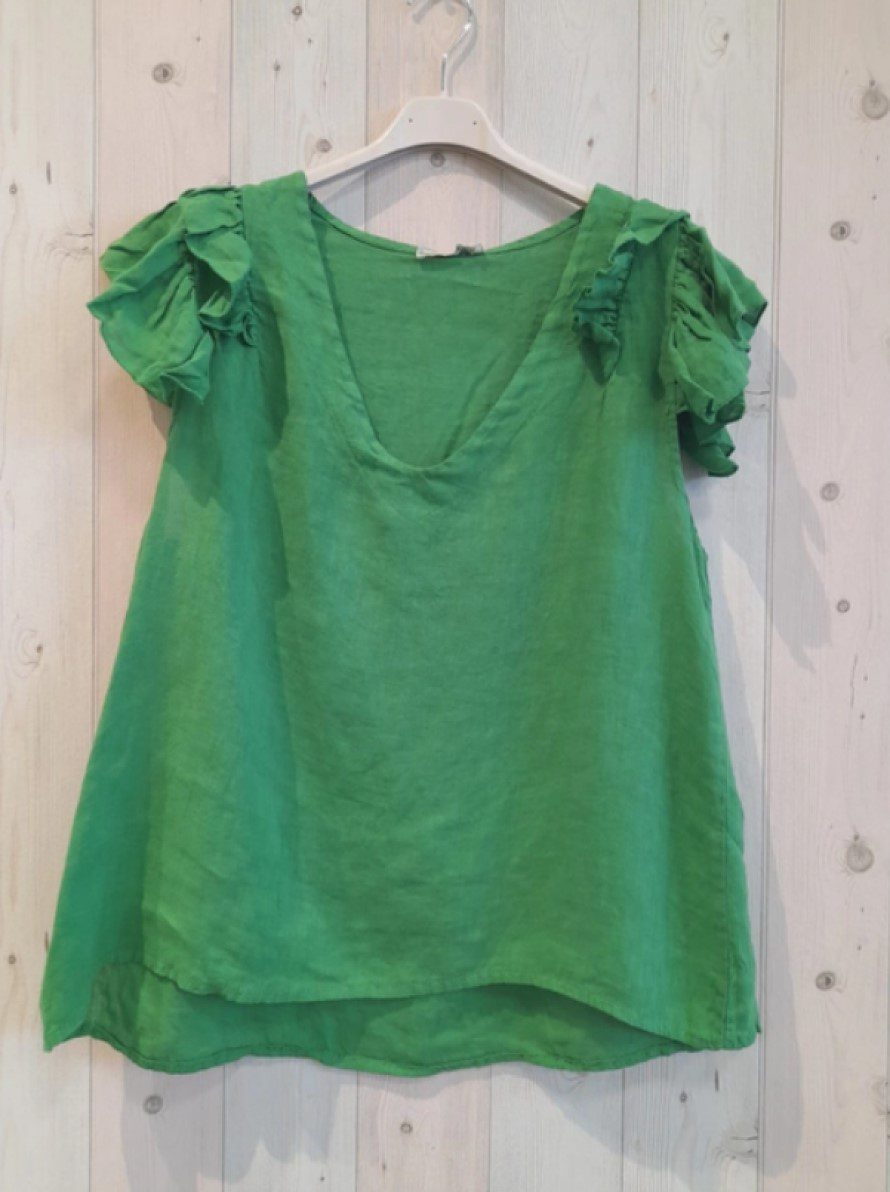 Puur linnen zomer top met v-hals en korte mouwen - GRASS GROEN kleur - maat 38/40