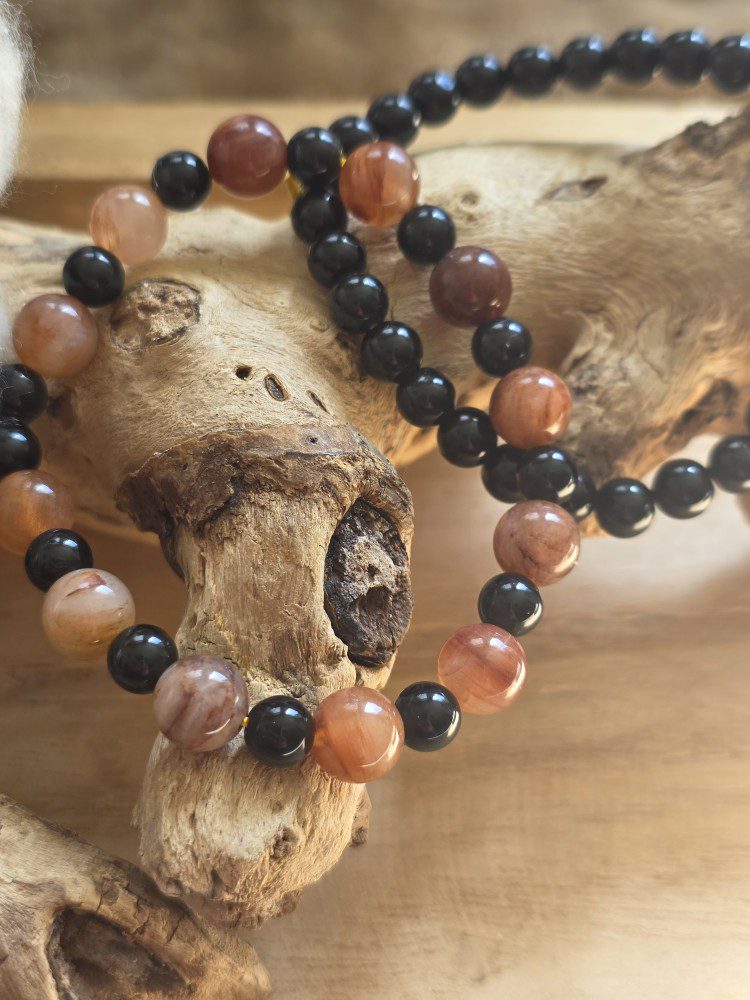 Handgemaakte dubbele edelsteen armbanden - Bruin Agaat en onyx - voor dames en mannen