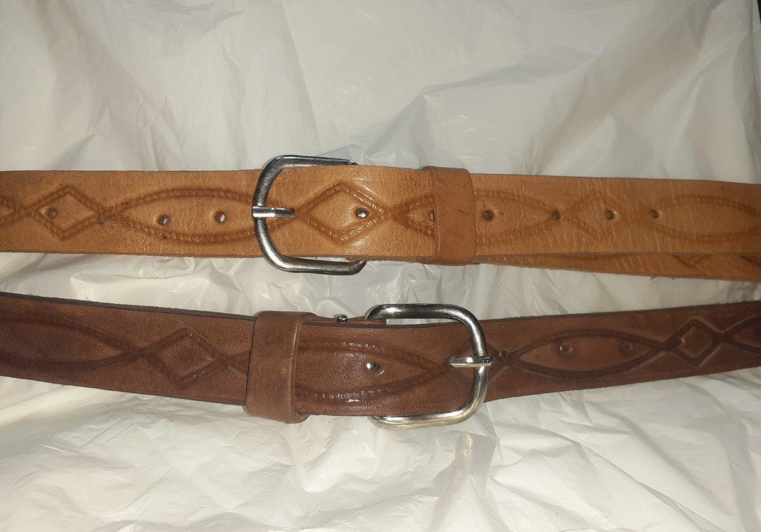 Leren heren smalle riem met patroon - staal gesp - LICHT BRUIN kleur - Afbeelding 3