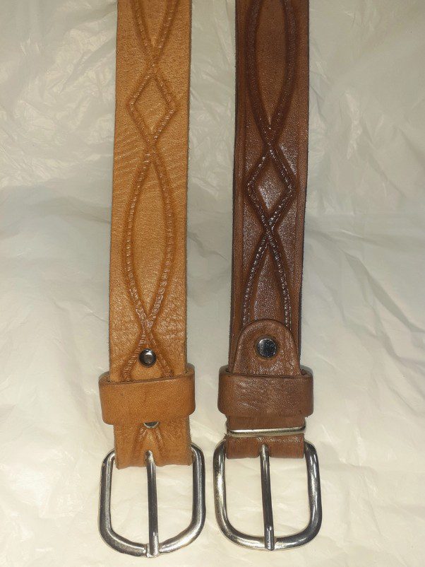 Leren heren smalle riem met patroon - staal gesp - LICHT BRUIN kleur - Afbeelding 2